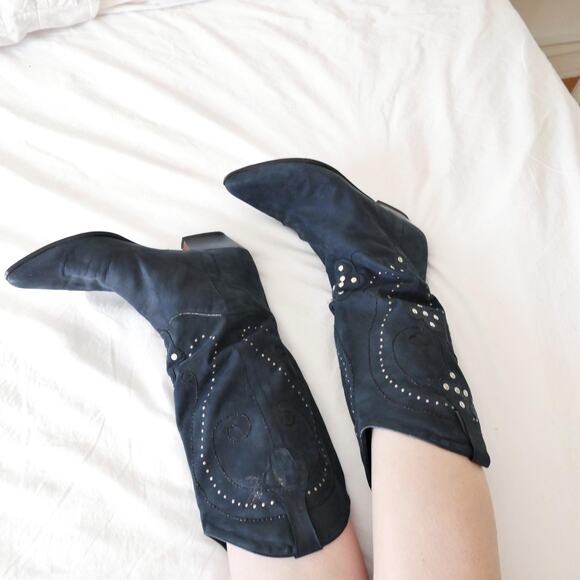 vintage cowboy boot Italian made navy suede leather studded embroidered - Picture 8 of 10